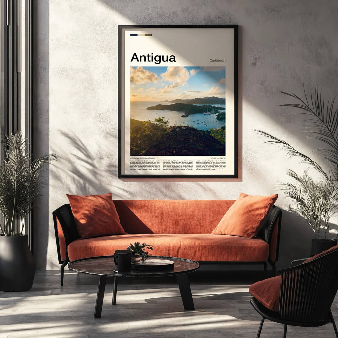 Antigua Harbour From Above Travel Print framed on the wall of a modern living room