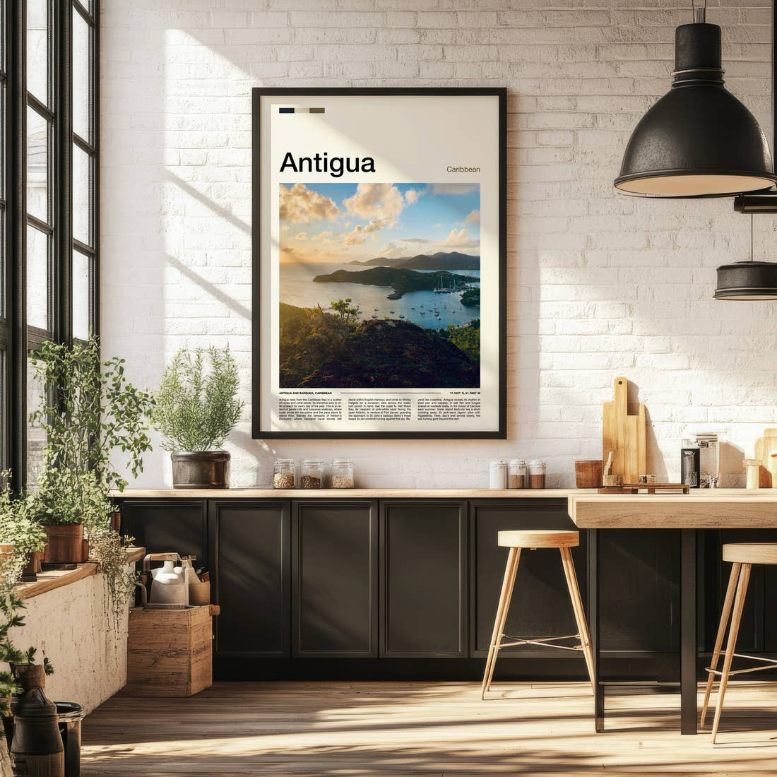 Antigua Harbour From Above Travel Print framed on the wall of a bright kitchen and dining space