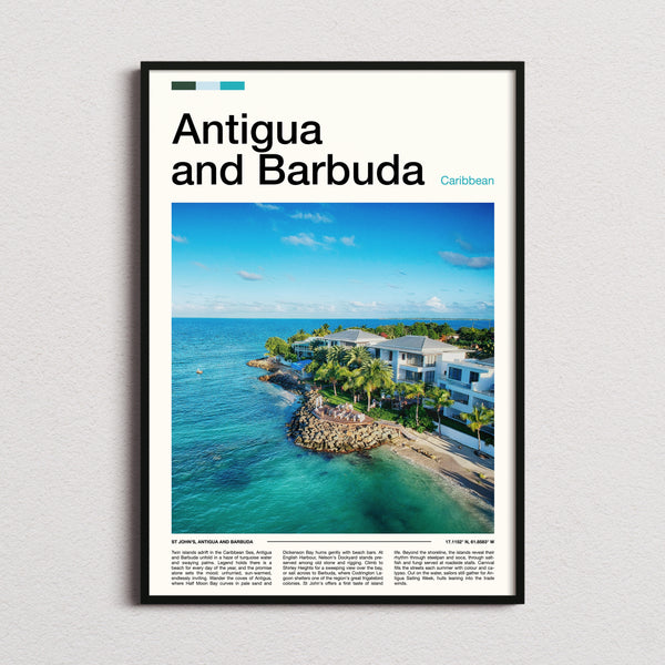 Antigua and Barbuda Aerial Coastal Resort Travel Print framed and photographed straight on