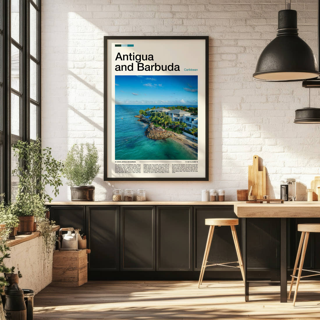 Antigua and Barbuda Aerial Coastal Resort Travel Print framed on the wall of a bright kitchen and dining space