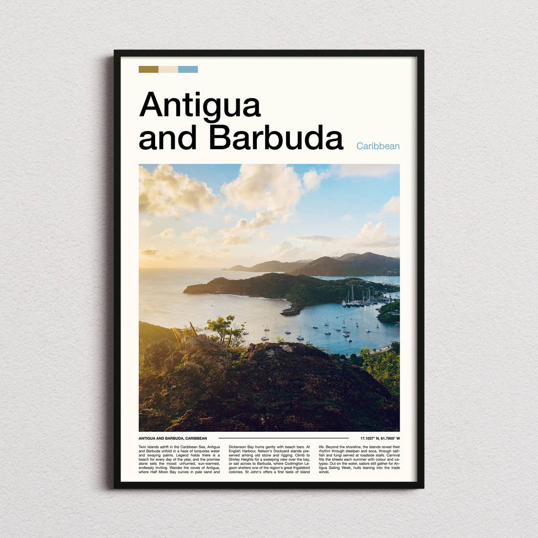Antigua and Barbuda Harbour From Above Travel Print framed and photographed straight on