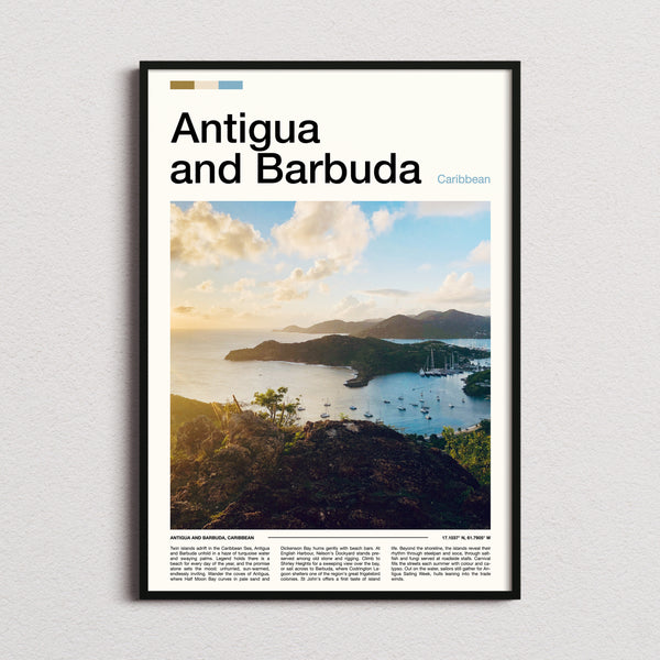 Antigua and Barbuda Harbour From Above Travel Print framed and photographed straight on