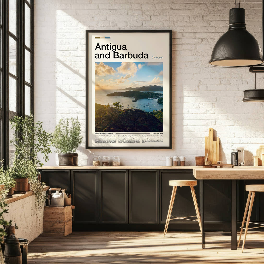 Antigua and Barbuda Harbour From Above Travel Print framed on the wall of a bright kitchen and dining space