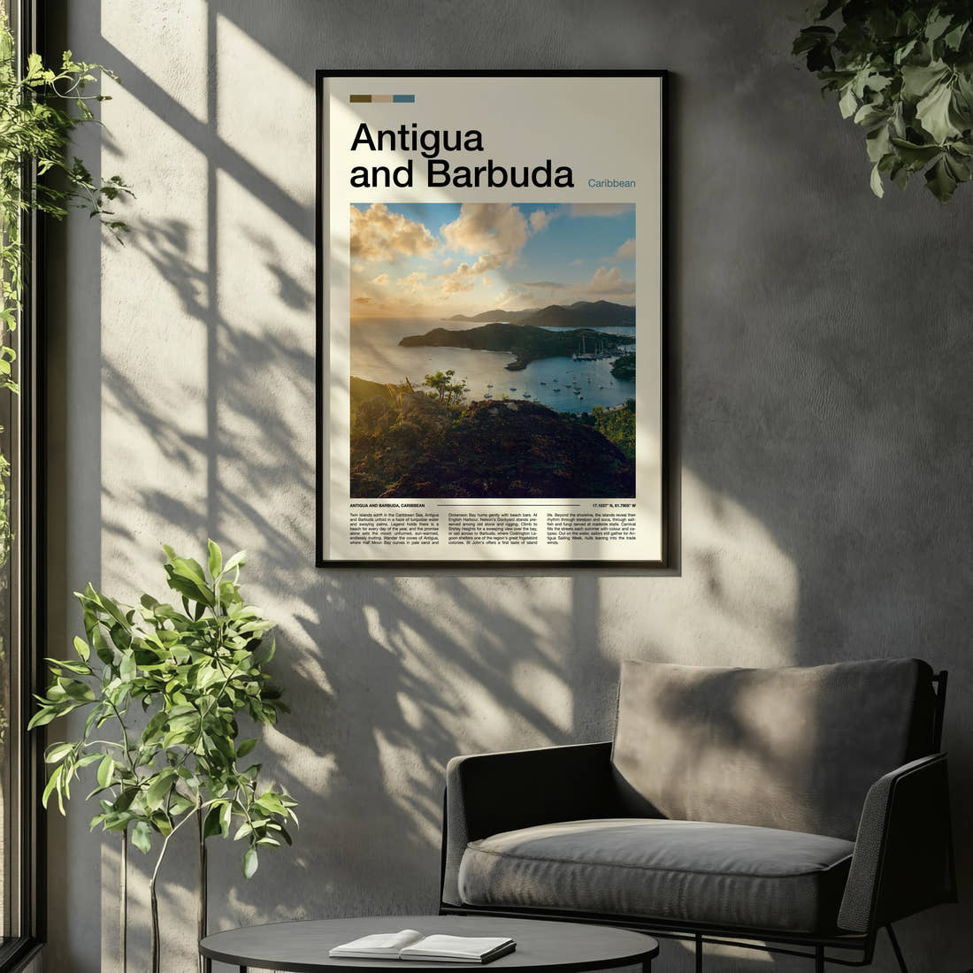 Antigua and Barbuda Harbour From Above Travel Print framed on the wall of a relaxed living room