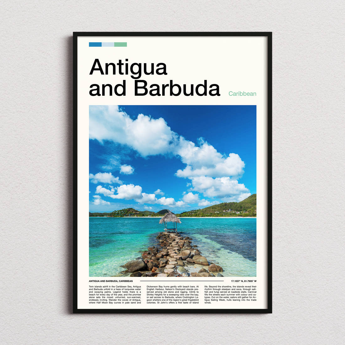 Antigua and Barbuda Stone Jetty Pavilion Travel Print framed and photographed straight on