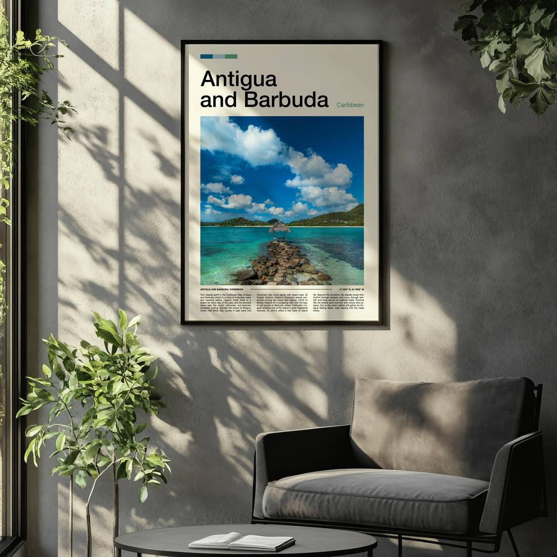 Antigua and Barbuda Stone Jetty Pavilion Travel Print framed on the wall of a relaxed living room