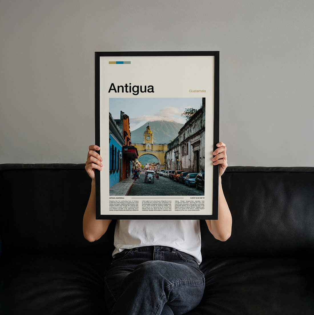 Antigua Santa Catalina Arch Travel Print held up by hand to show the size of the print