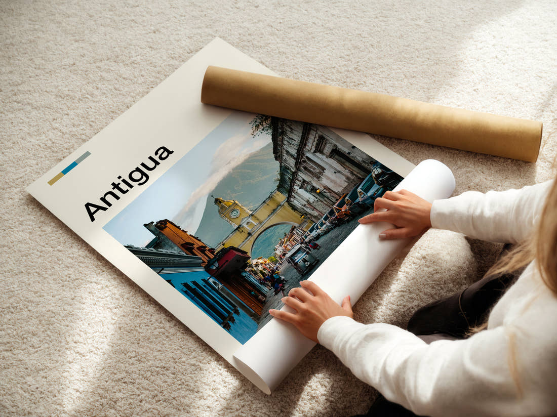 Antigua Santa Catalina Arch Travel Print being unrolled from its postal tube