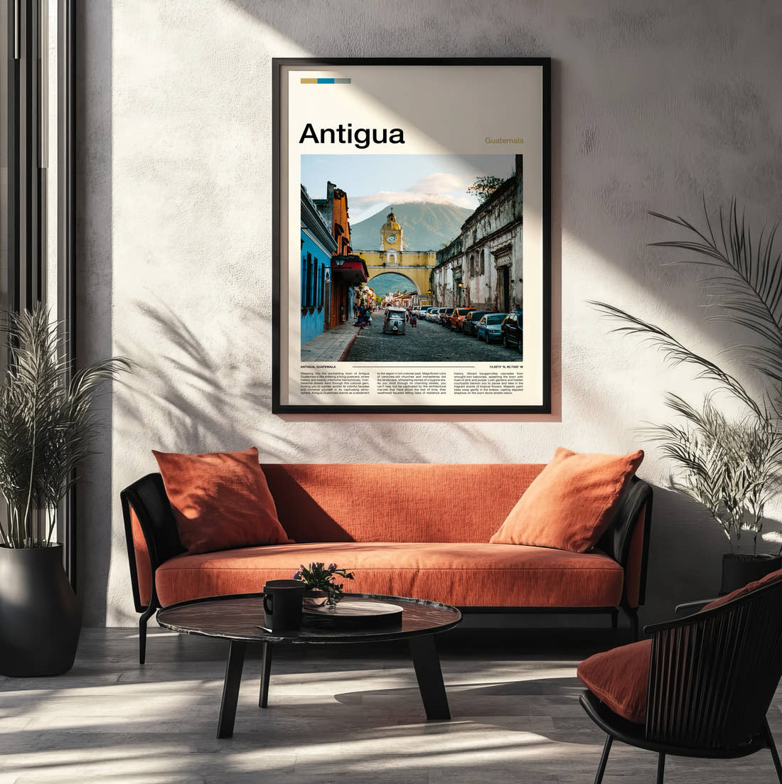 Antigua Santa Catalina Arch Travel Print framed on the wall of a modern living room