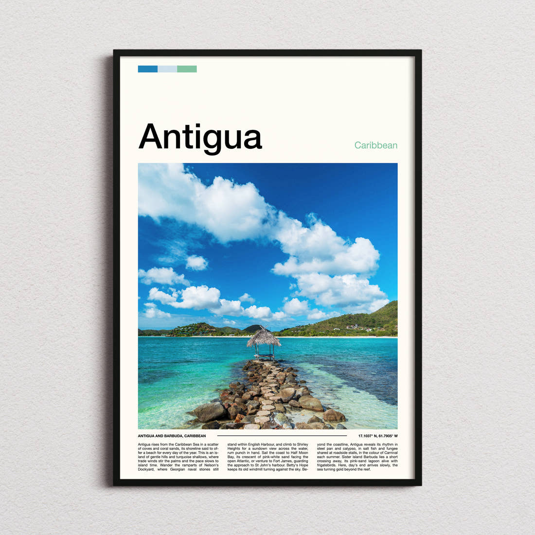 Antigua Stone Jetty Lagoon Travel Print framed and photographed straight on