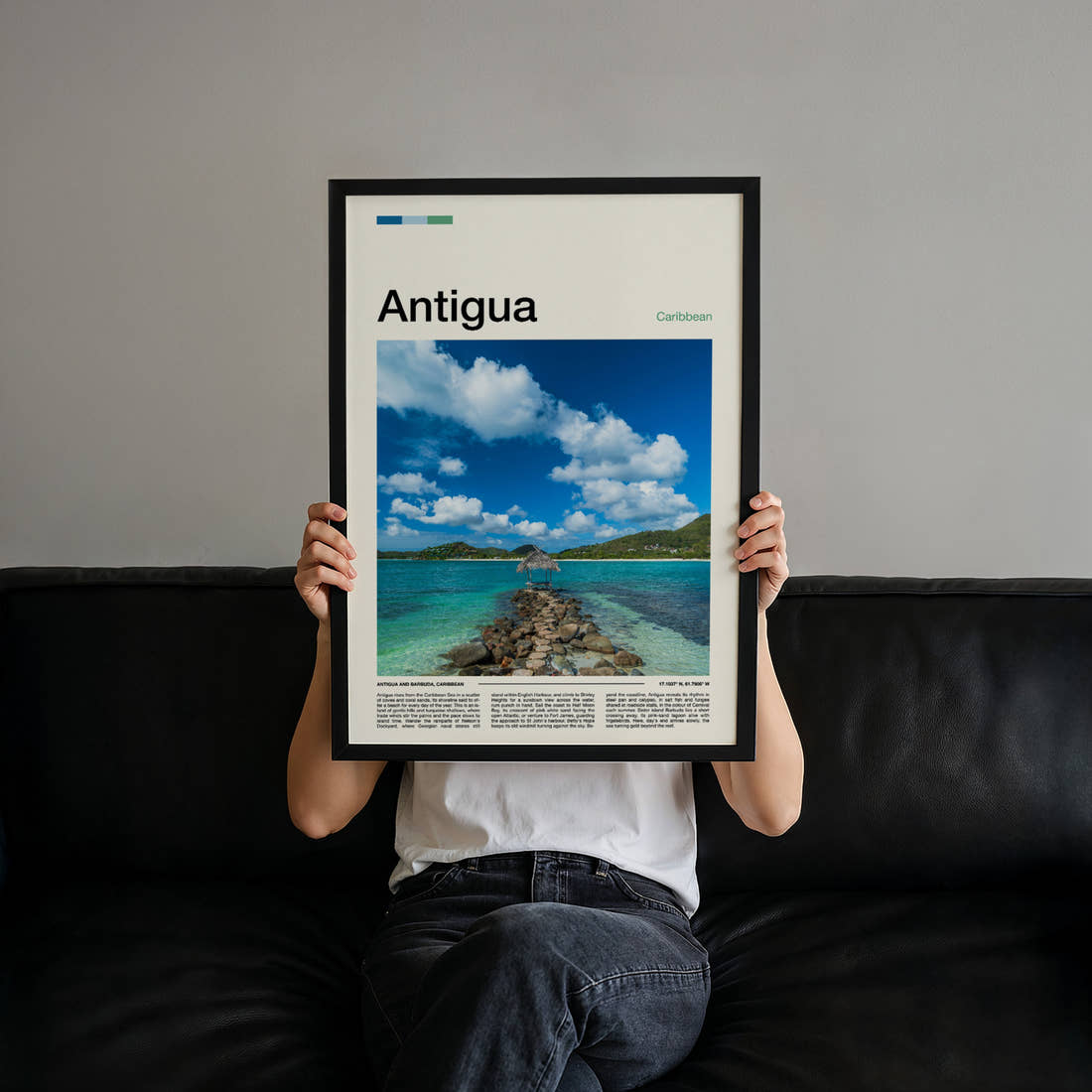 Antigua Stone Jetty Lagoon Travel Print held up by hand to show the size of the print