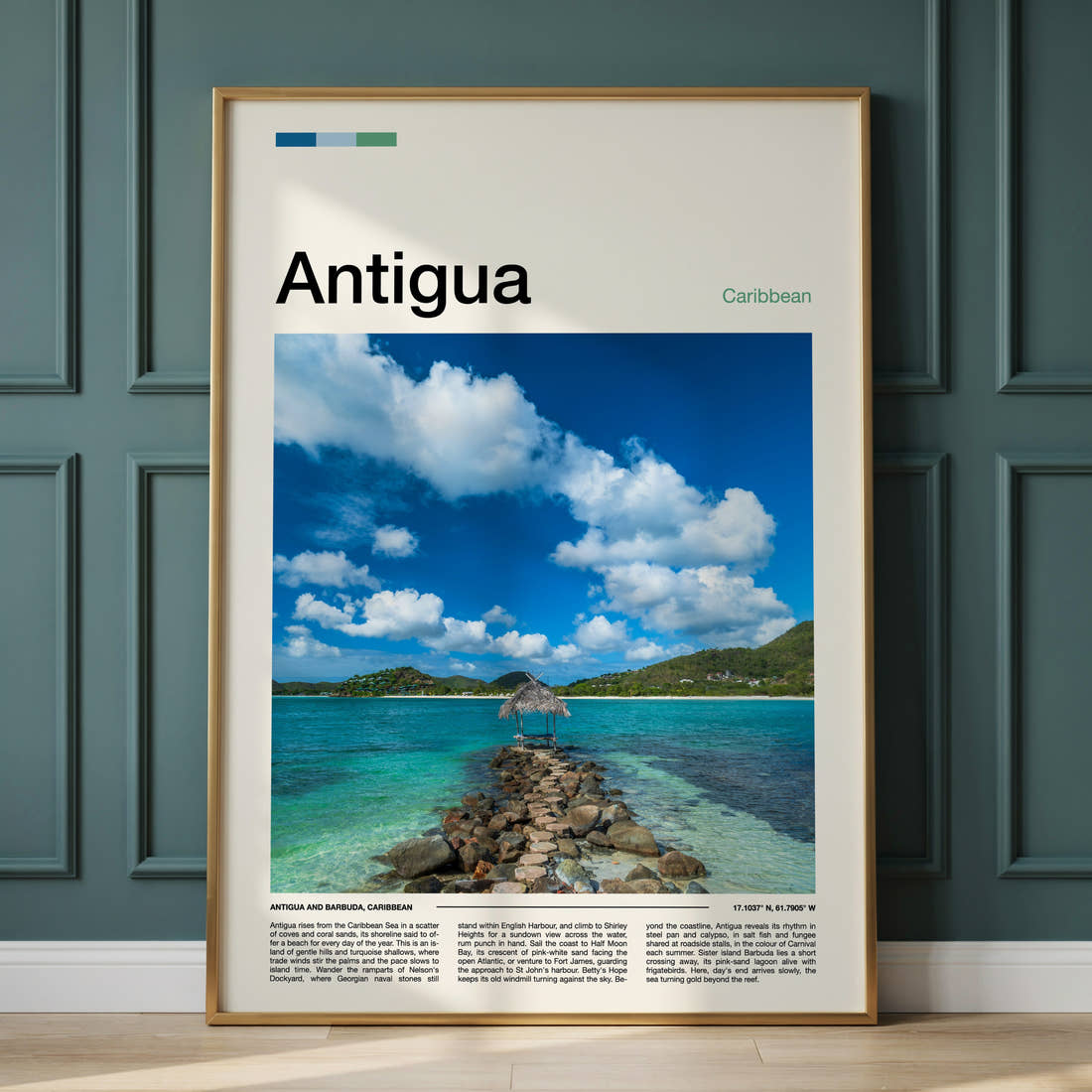 Antigua Stone Jetty Lagoon Travel Print framed on the wall of a calm, neutral bedroom