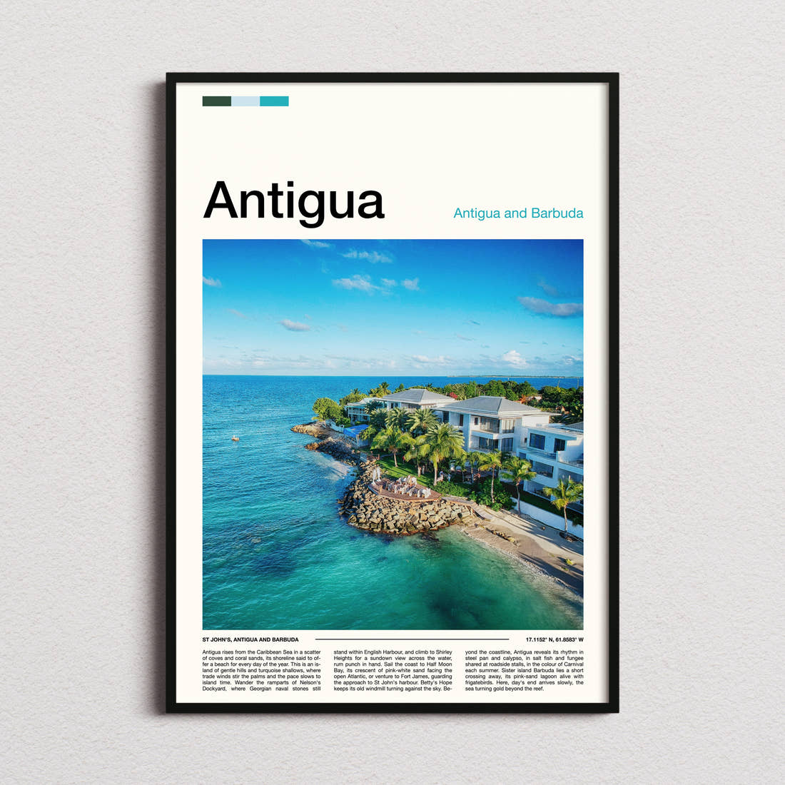 Antigua Aerial Coastal Resort Travel Print framed and photographed straight on