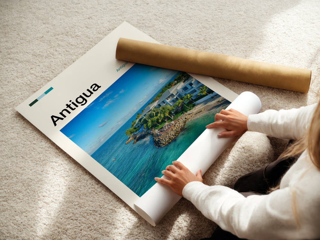 Antigua Aerial Coastal Resort Travel Print being unrolled from its postal tube