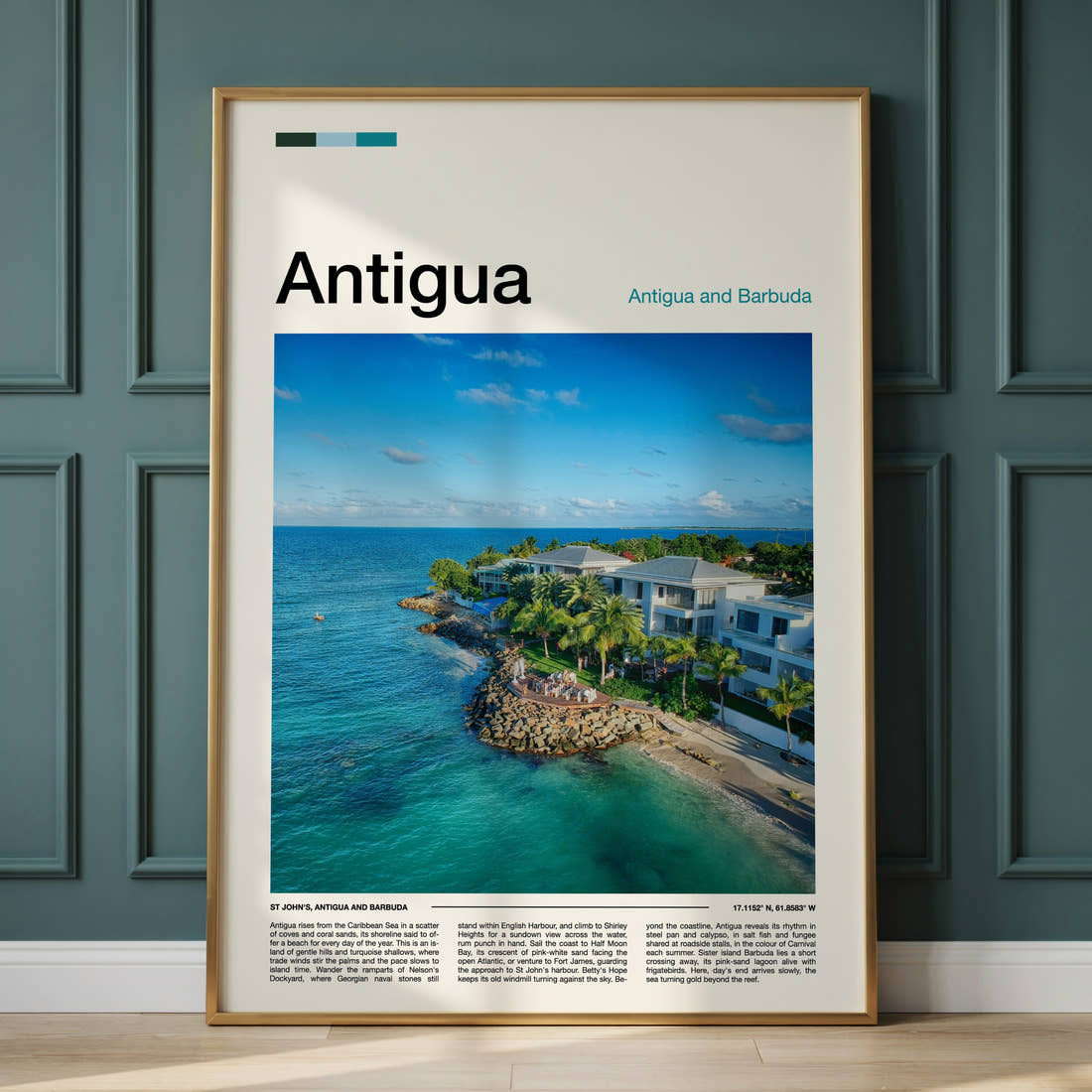 Antigua Aerial Coastal Resort Travel Print framed on the wall of a calm, neutral bedroom
