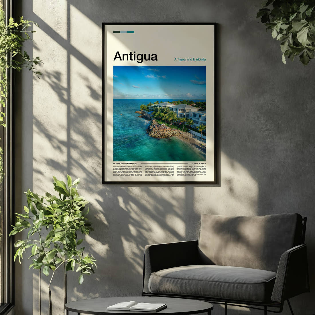 Antigua Aerial Coastal Resort Travel Print framed on the wall of a relaxed living room