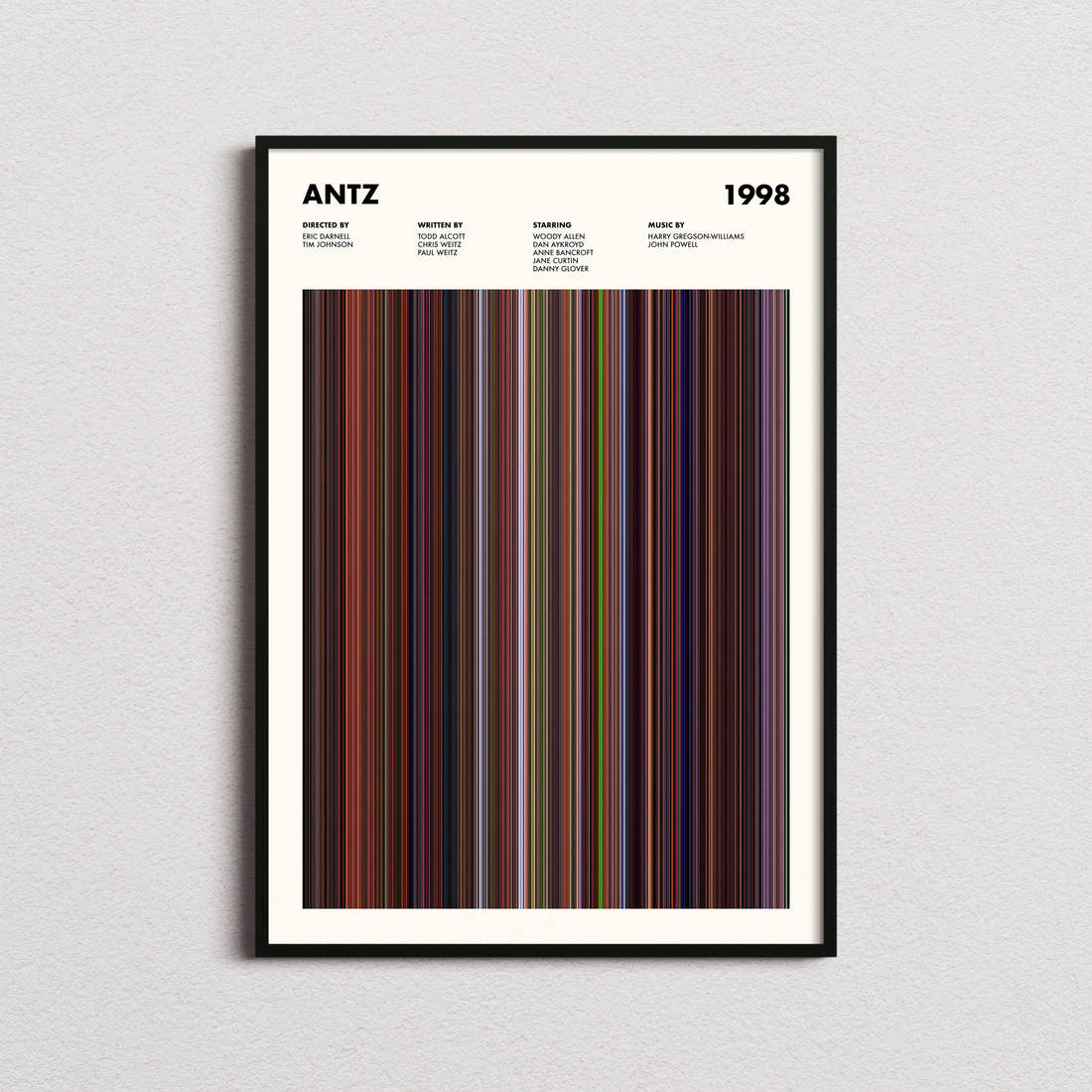 Antz Movie Barcode Poster framed on a plain studio wall