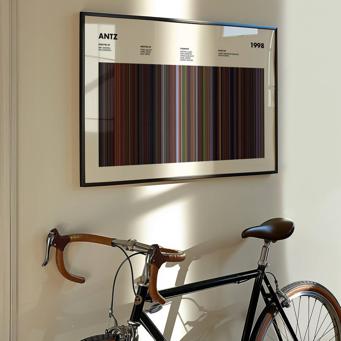Antz Movie Barcode Poster framed on the wall of a styled room setting
