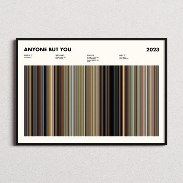Anyone but You Movie Barcode Poster framed and photographed straight on