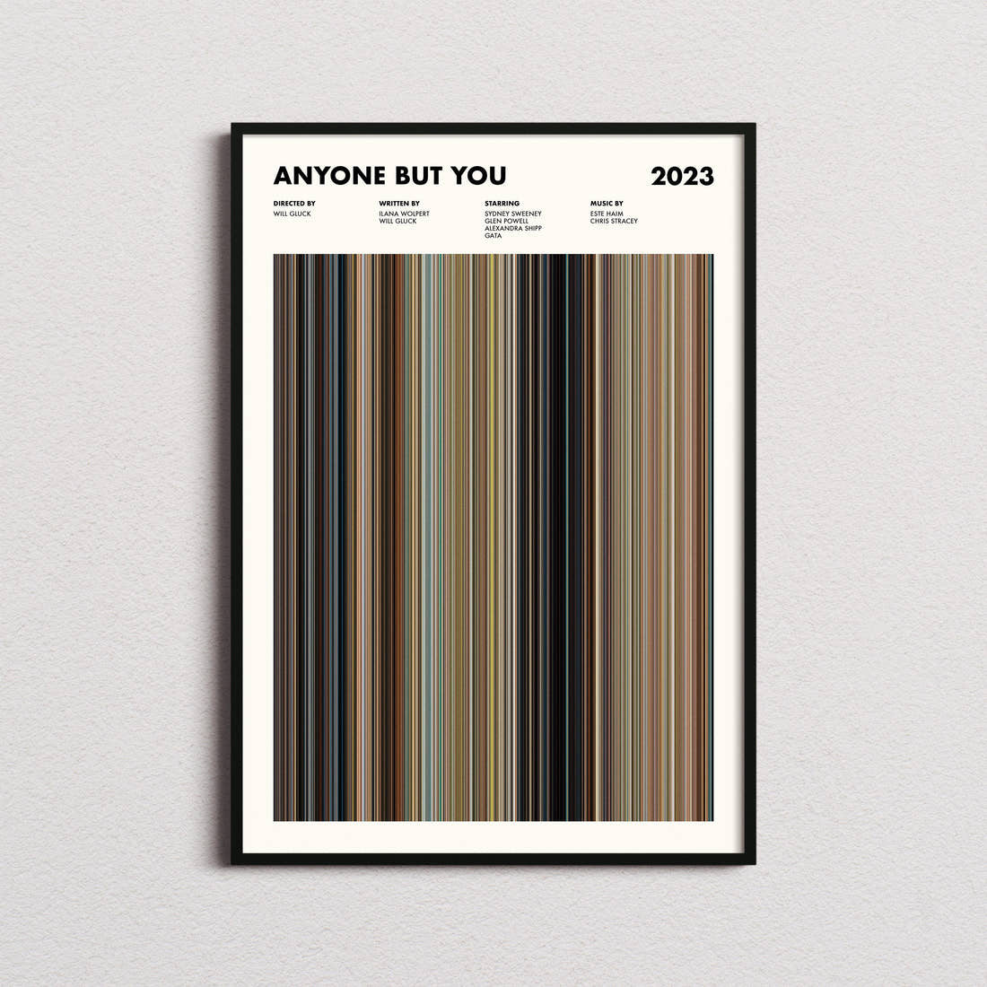 Anyone but You Movie Barcode Poster framed on a plain studio wall
