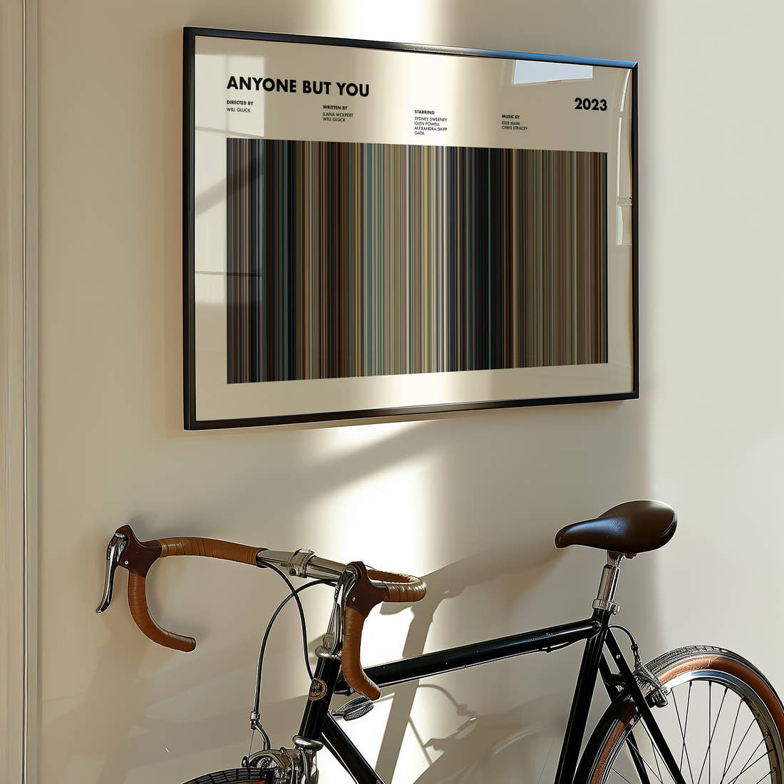 Anyone but You Movie Barcode Poster framed on the wall of a styled room setting