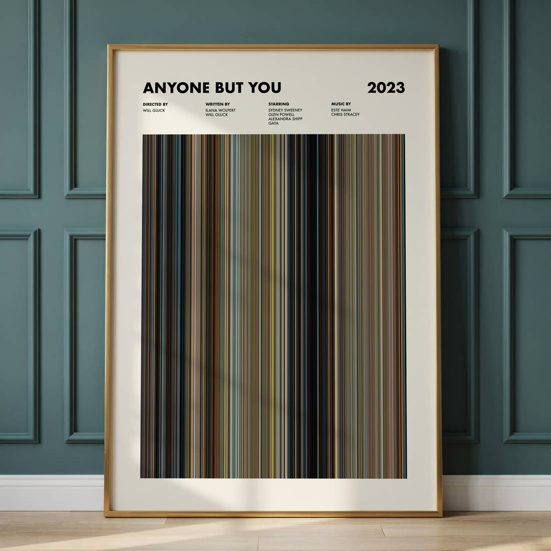 Anyone but You Movie Barcode Poster framed and leaning against a panelled wall