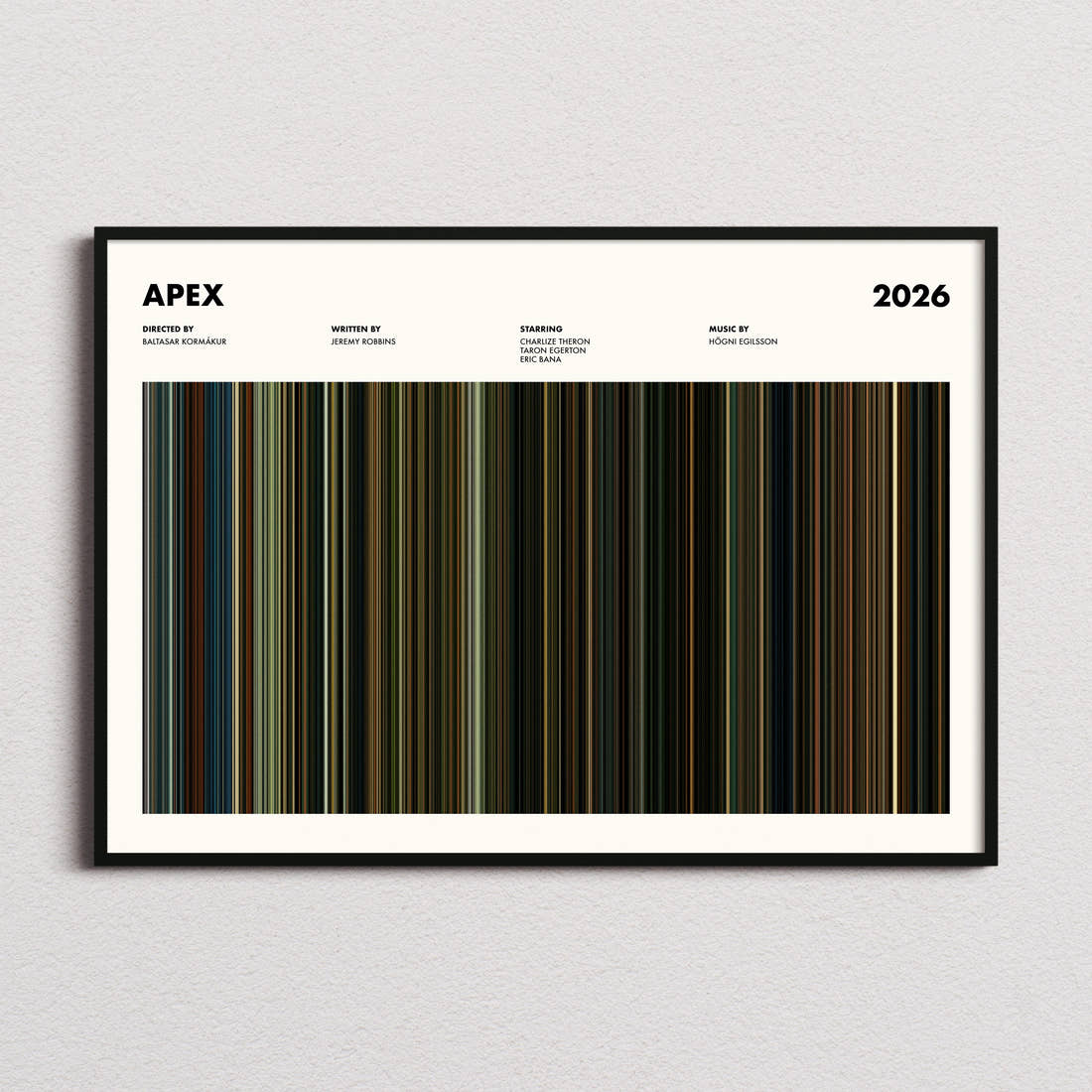 Apex Movie Barcode Poster framed and photographed straight on