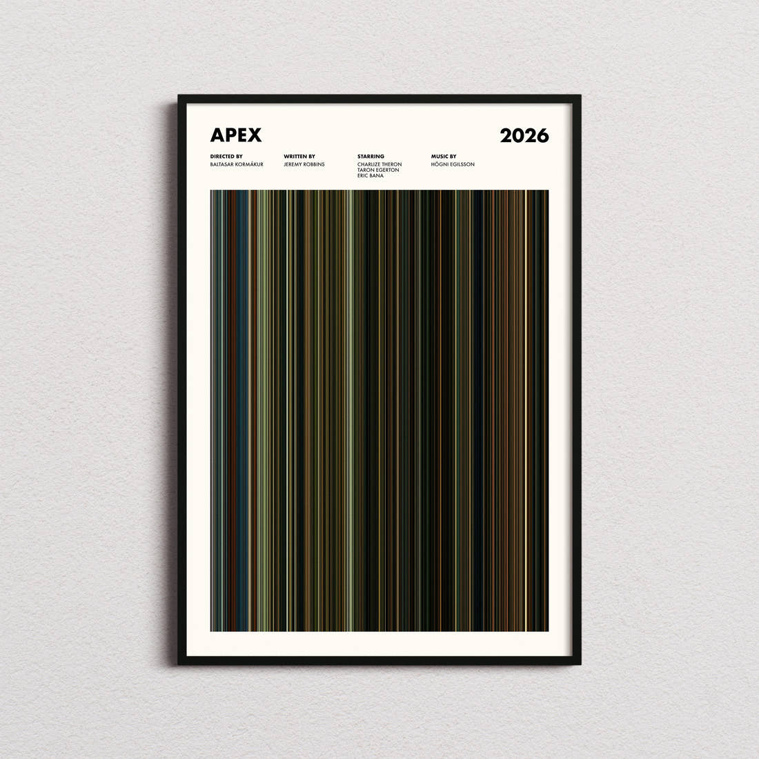 Apex Movie Barcode Poster framed on a plain studio wall