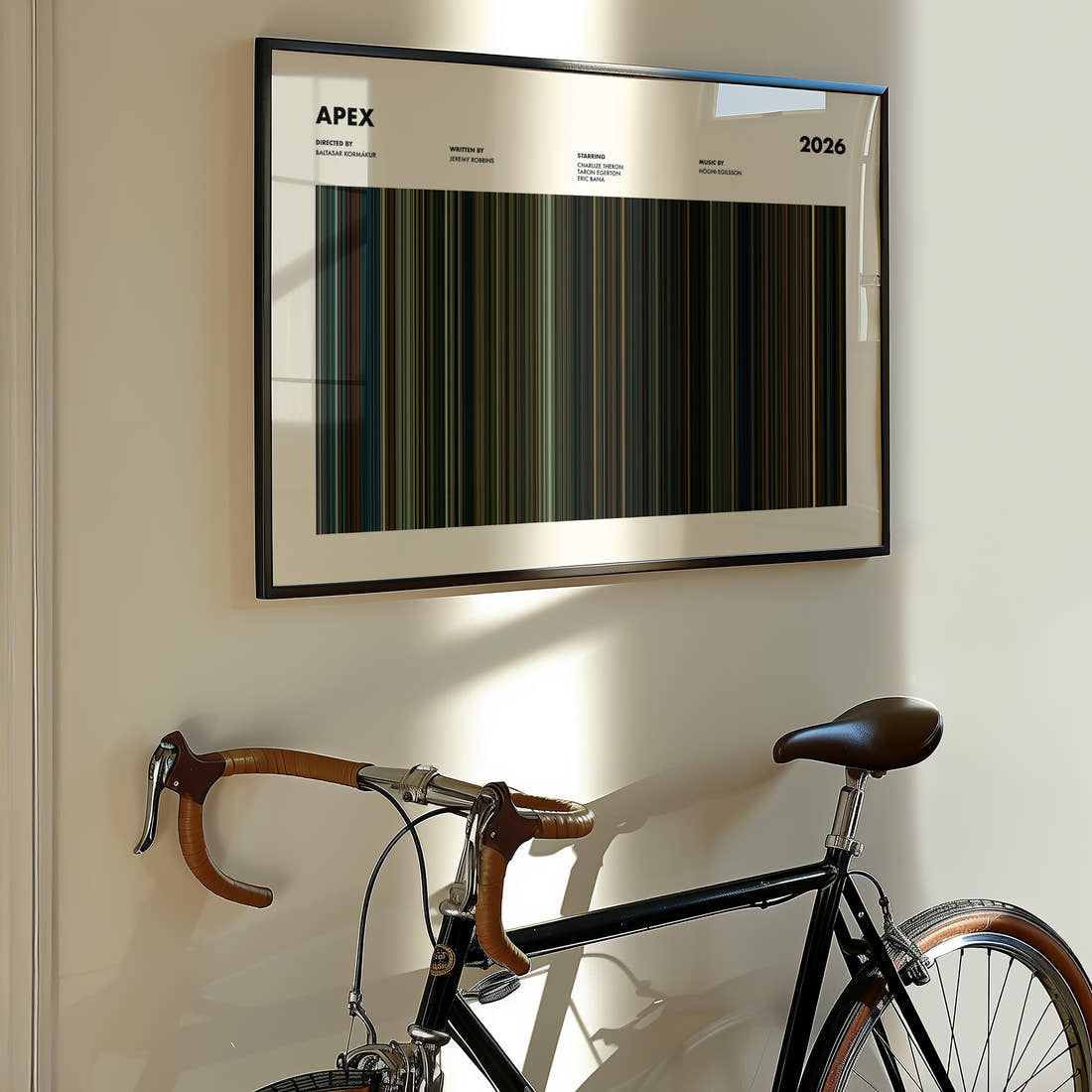 Apex Movie Barcode Poster framed on the wall of a styled room setting