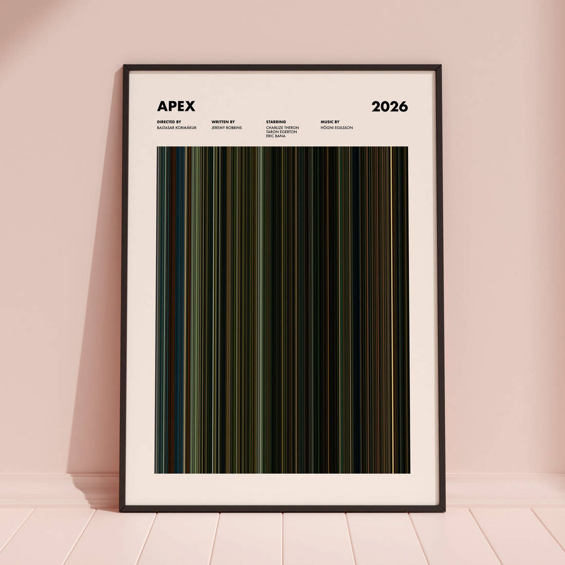 Apex Movie Barcode Poster framed and leaning against a coloured wall