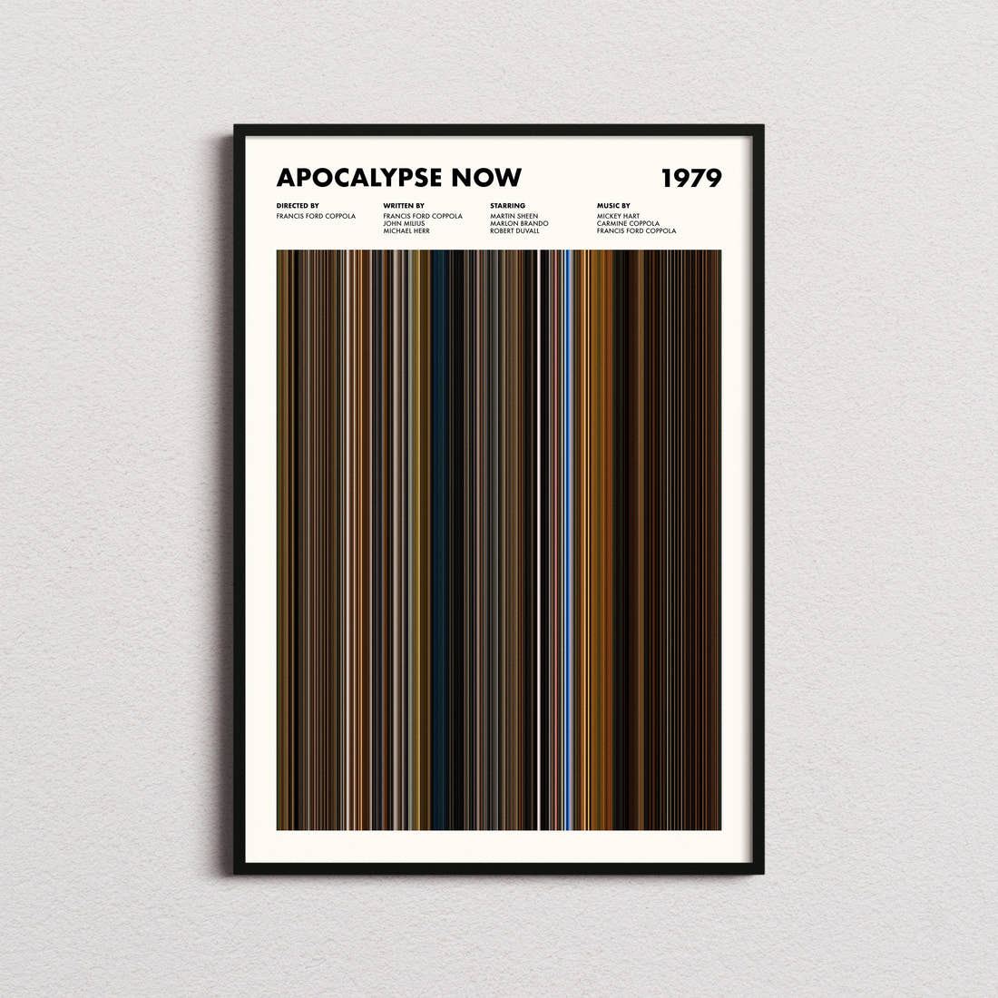 Apocalypse Now Movie Barcode Poster framed on a plain studio wall