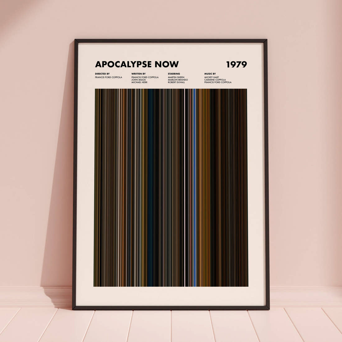 Apocalypse Now Movie Barcode Poster framed and leaning against a coloured wall
