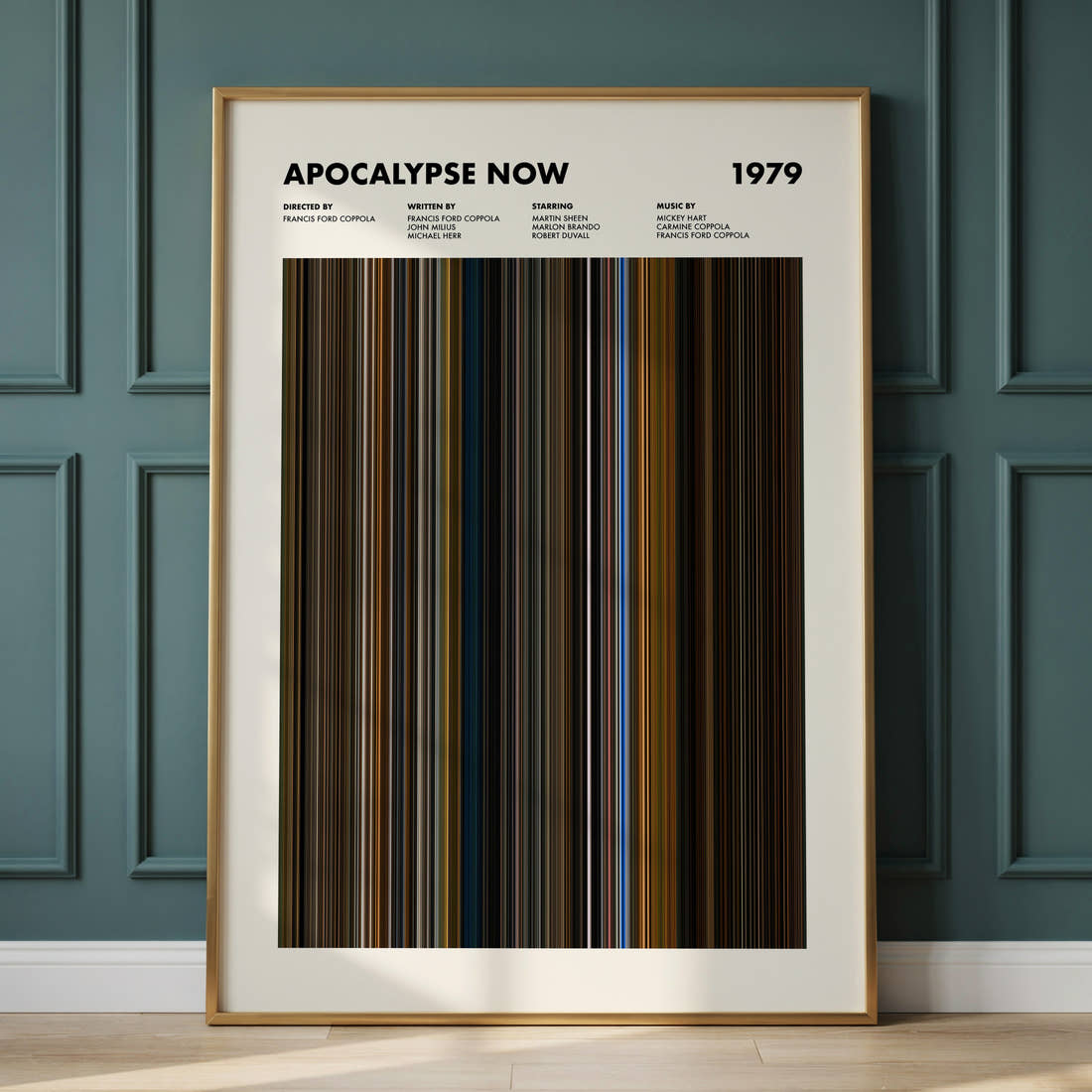 Apocalypse Now Movie Barcode Poster framed and leaning against a panelled wall