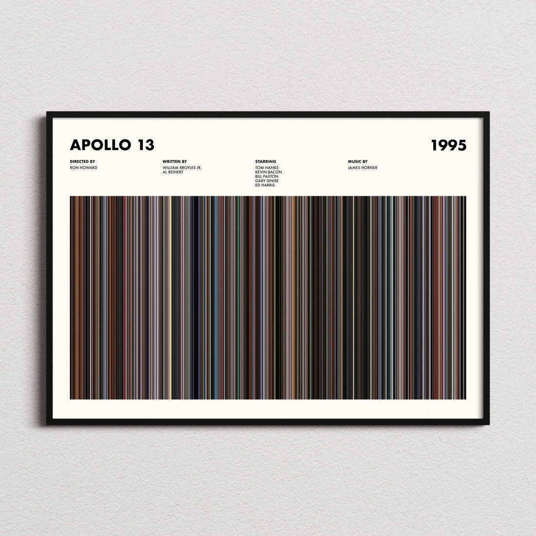 Apollo 13 Movie Barcode Poster framed and photographed straight on