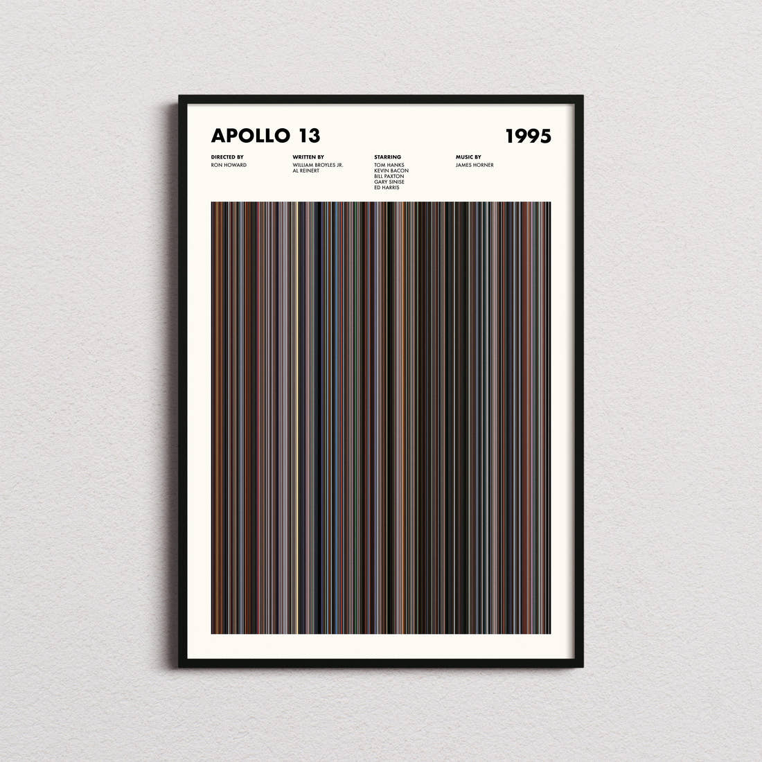 Apollo 13 Movie Barcode Poster framed on a plain studio wall