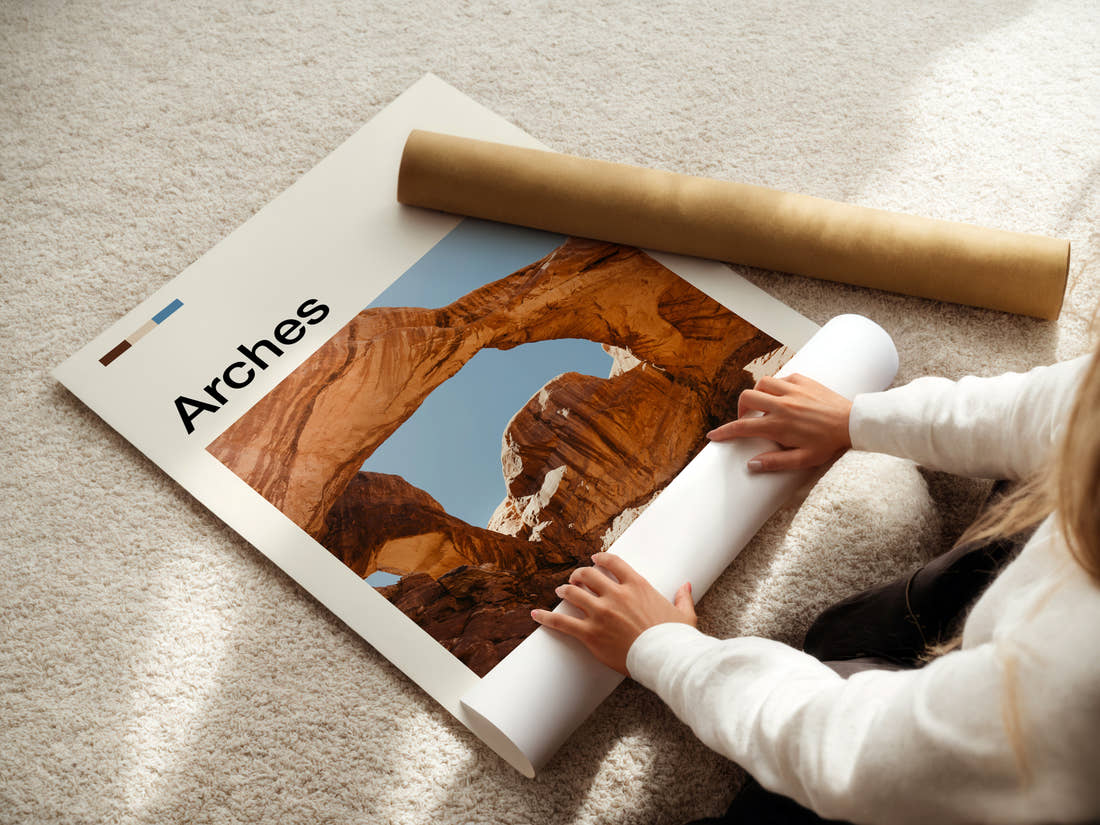 Arches Sandstone Double Arch Travel Print being unrolled from its postal tube