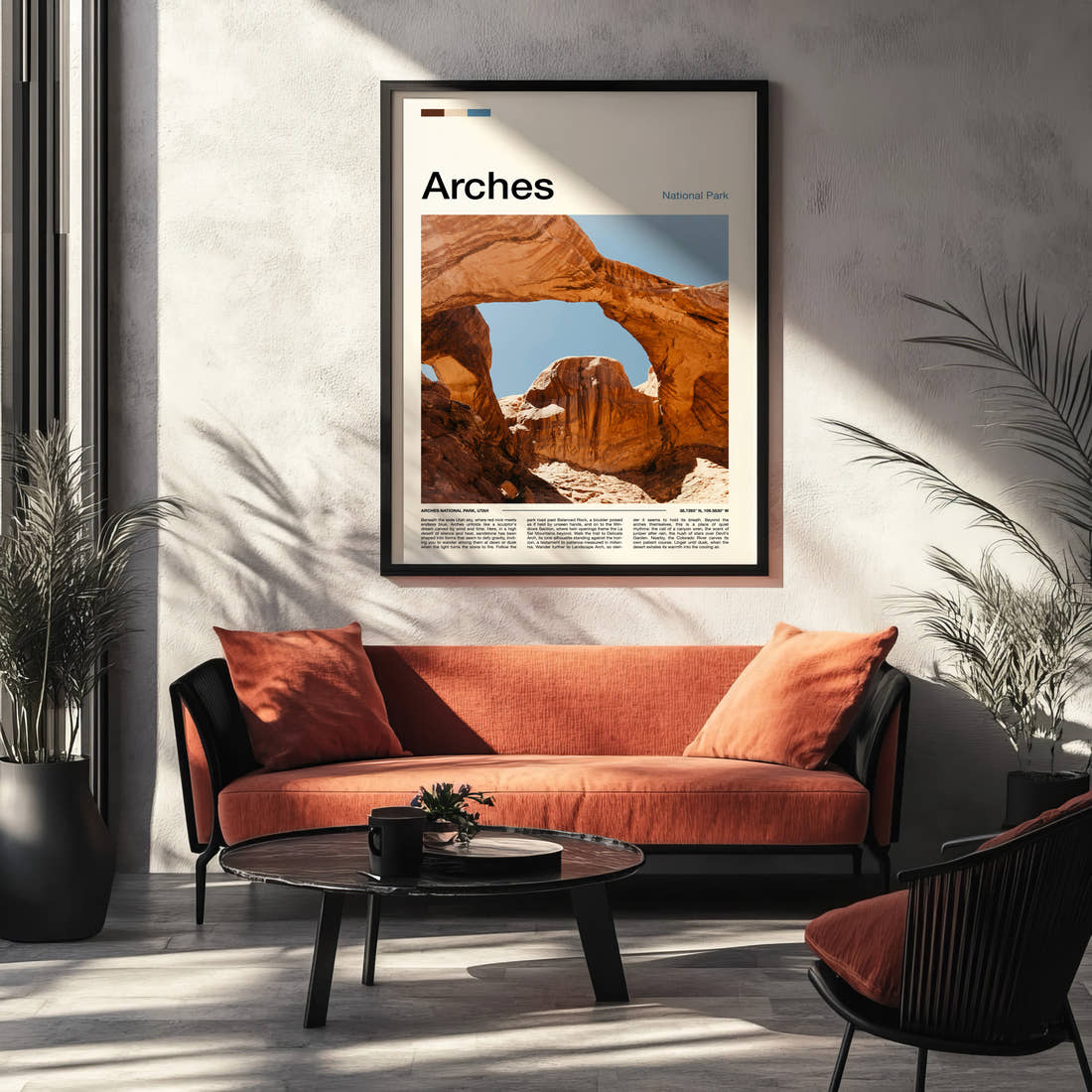 Arches Sandstone Double Arch Travel Print framed on the wall of a modern living room