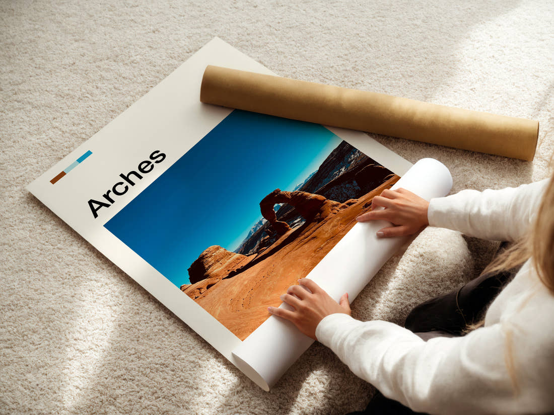 Arches Delicate Arch View Travel Print being unrolled from its postal tube