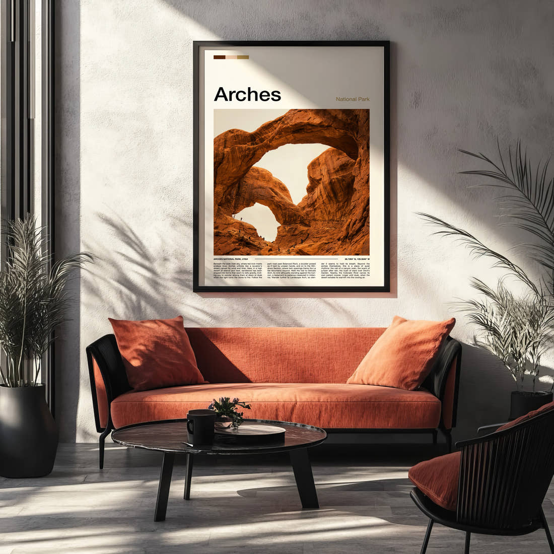 Arches Twin Rock Arches Travel Print framed on the wall of a modern living room
