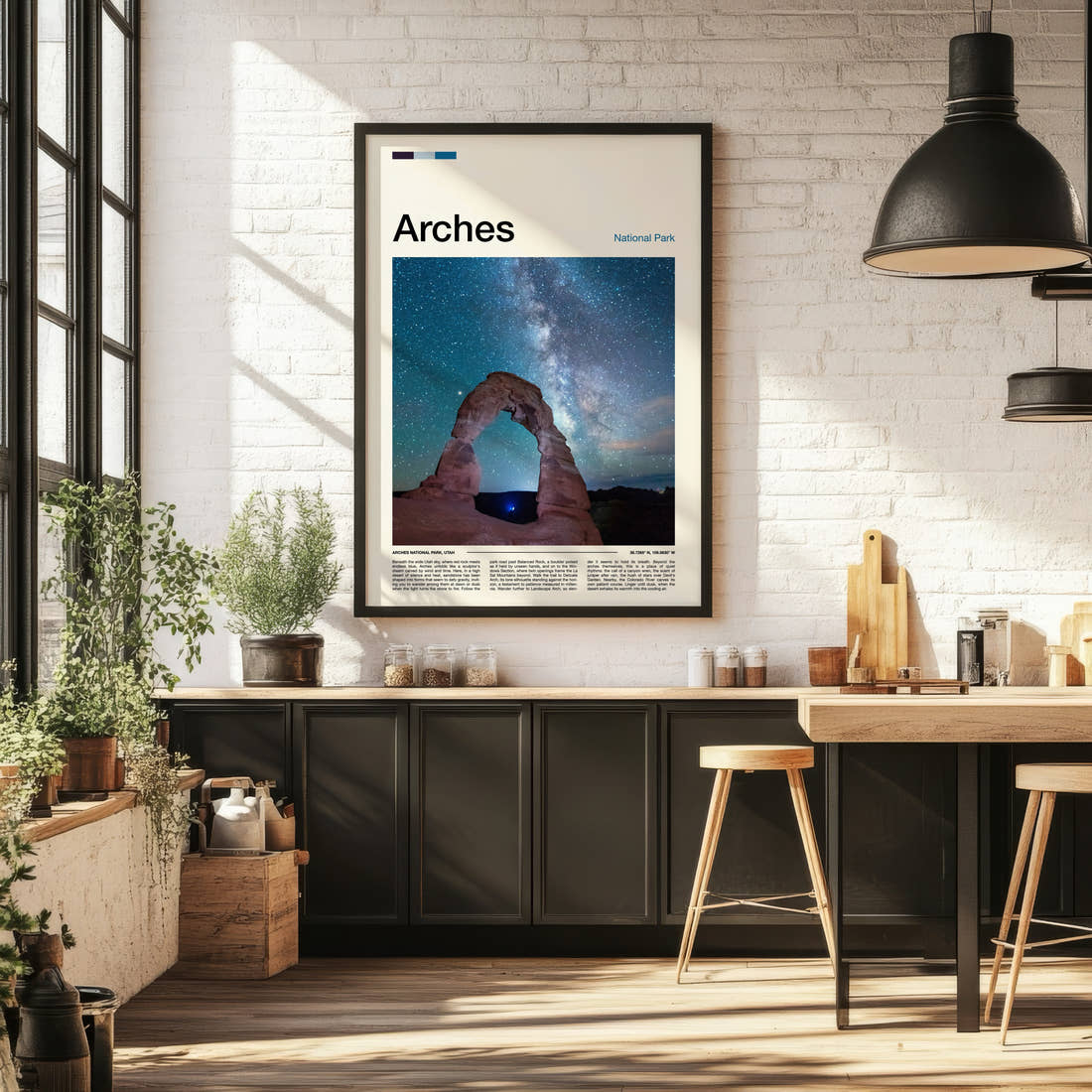 Arches Starlit Sandstone Arch Travel Print framed on the wall of a bright kitchen and dining space