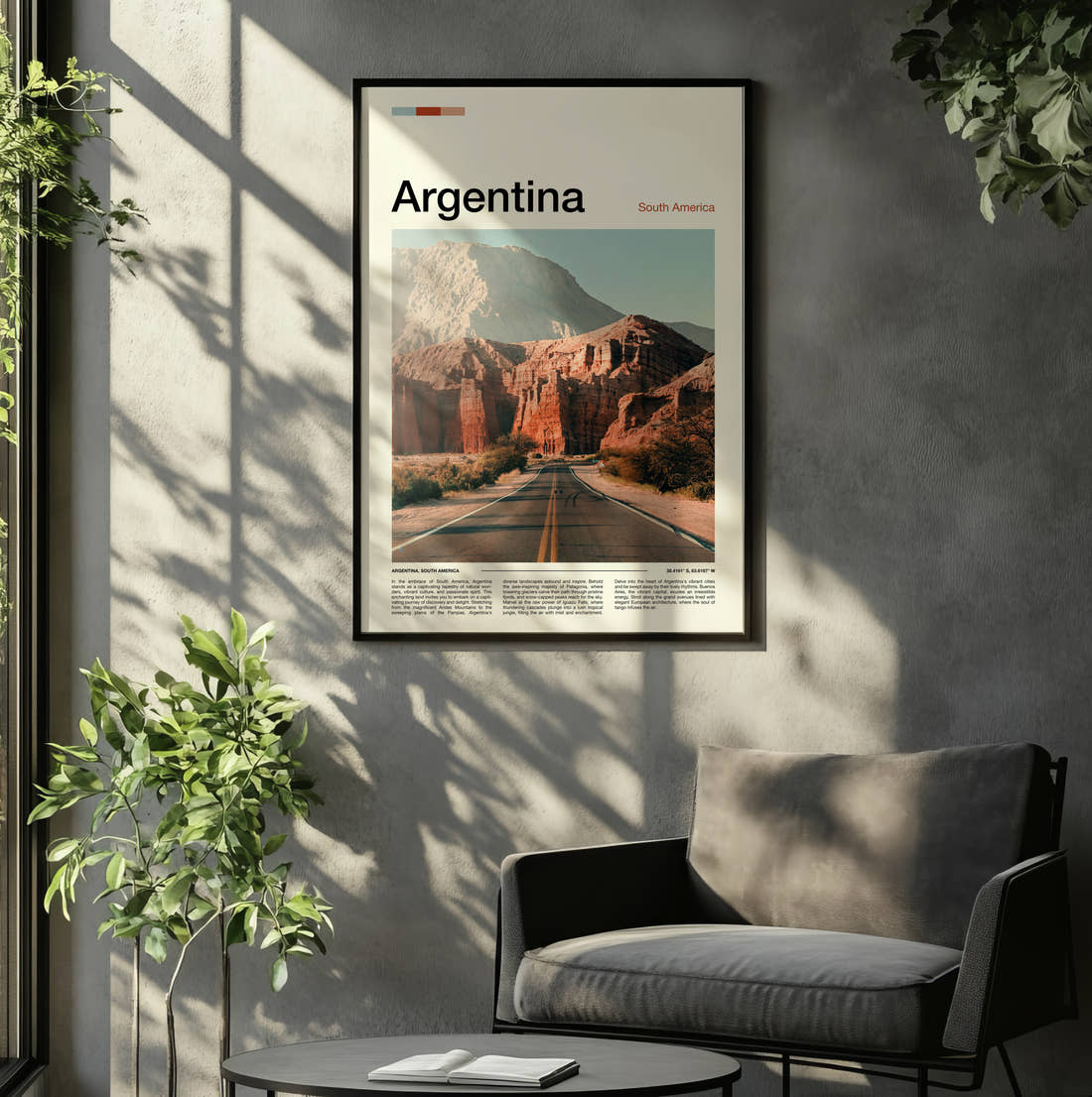 Argentina Road Through Red Rocks Travel Print framed on the wall of a relaxed living room