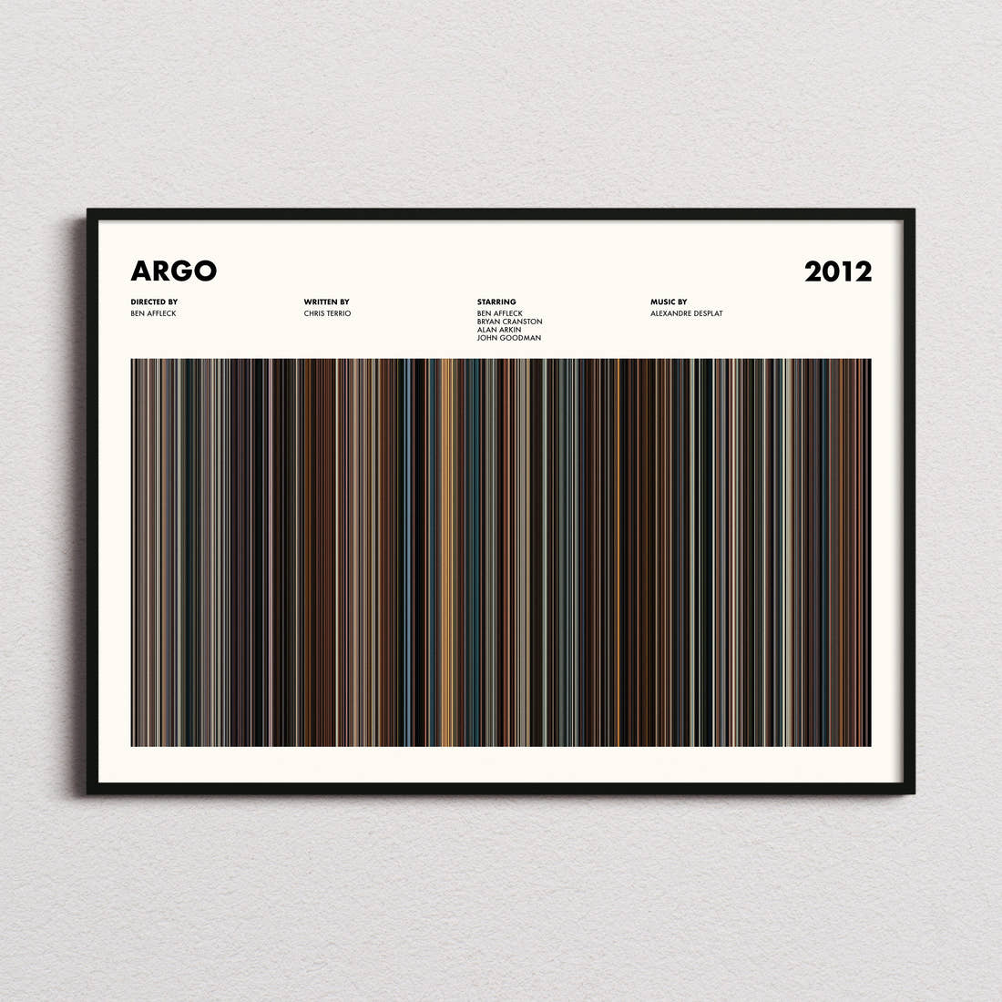 Argo Movie Barcode Poster framed and photographed straight on