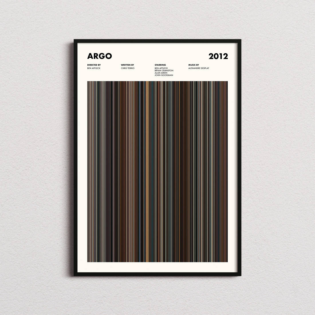 Argo Movie Barcode Poster framed on a plain studio wall
