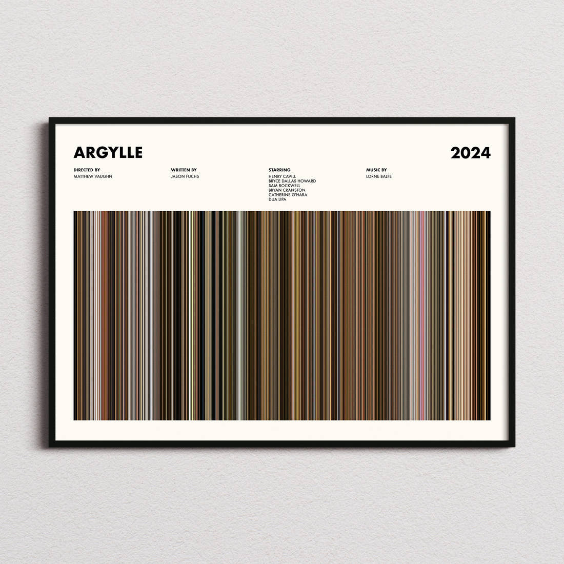 Argylle Movie Barcode Poster framed and photographed straight on