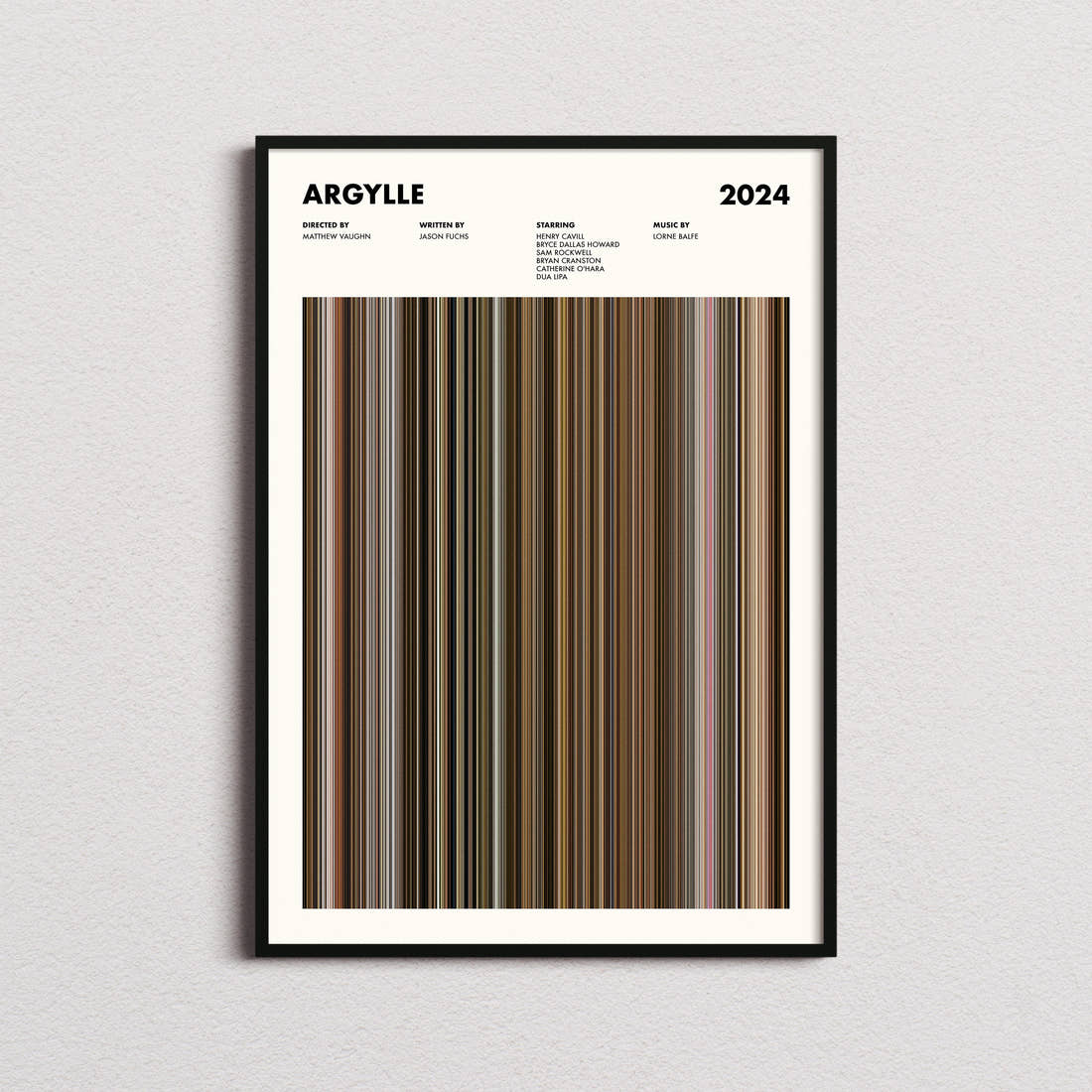 Argylle Movie Barcode Poster framed on a plain studio wall