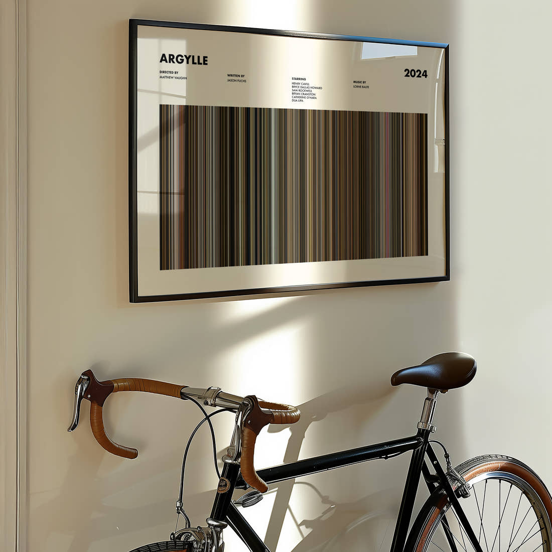 Argylle Movie Barcode Poster framed on the wall of a styled room setting