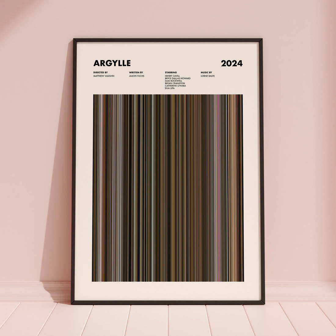 Argylle Movie Barcode Poster framed and leaning against a coloured wall
