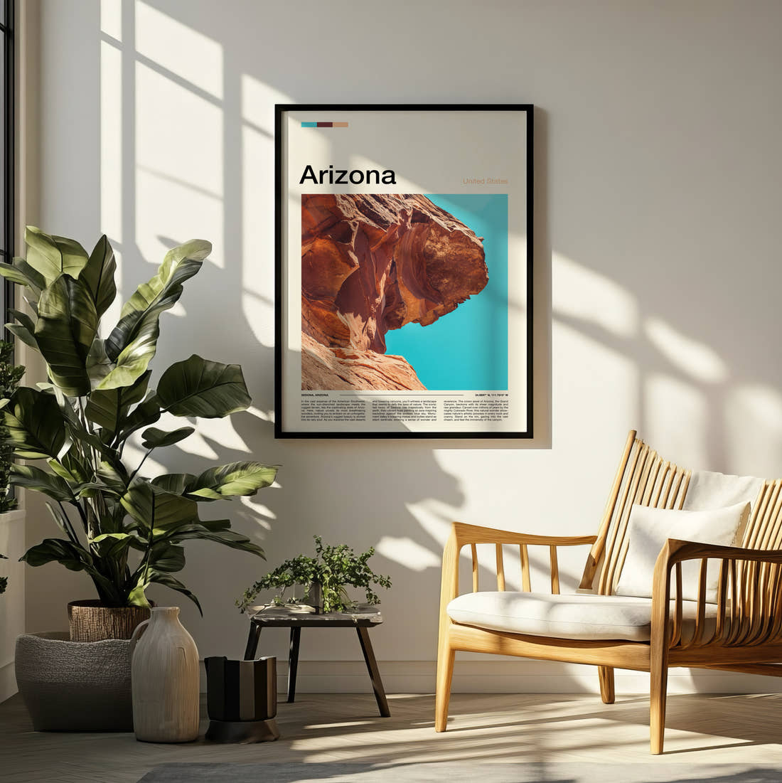 Arizona Red Sandstone Cliff Travel Print framed on a pale wall beside houseplants