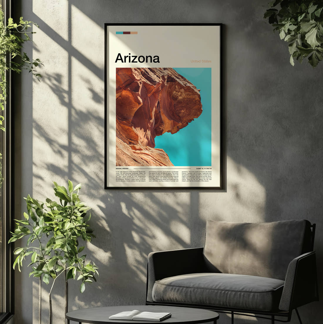 Arizona Red Sandstone Cliff Travel Print framed on the wall of a relaxed living room