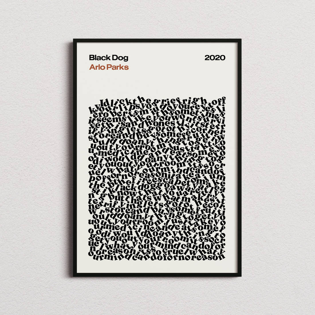 Arlo Parks Black Dog Lyric Print in the cream colourway, framed
